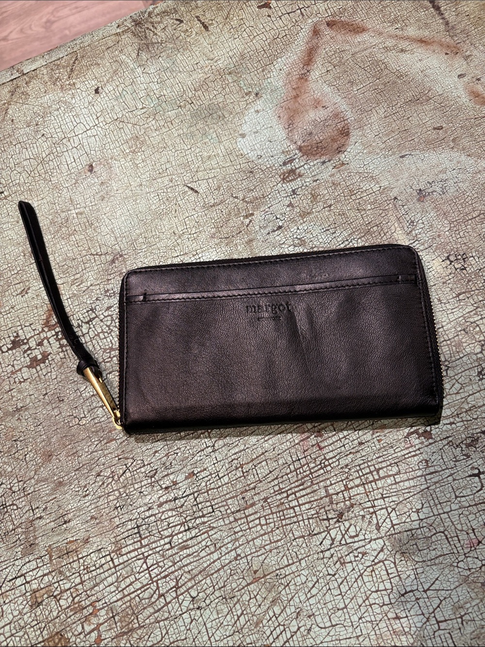 Margot New York Black Leather Zip Around Wristlet Wallet Gold Hardware - Picture 2 of 5